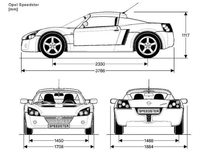 Line drawing of the Opel Speedster from the side, front and rear, with dimensions in millimetres