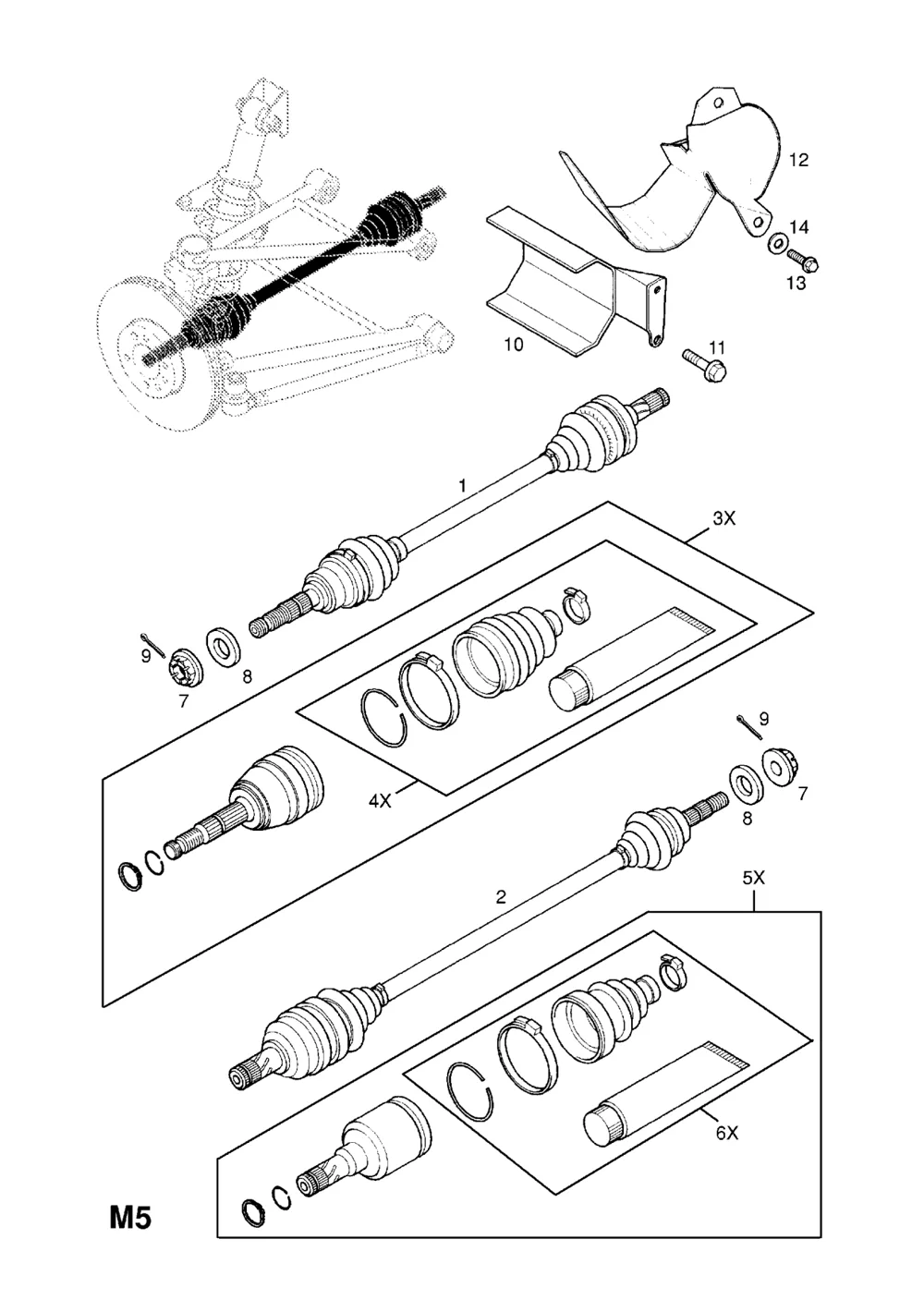 A parts diagram page with two driveshafts, their boot kits, the castle nuts, washers and split pins, and two heat shields