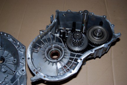 The gearbox half with the gears after the case has been split and the diff taken out