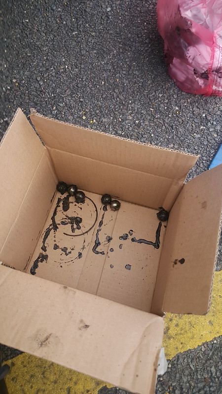 The CV balls and parts caught in a cardboard box