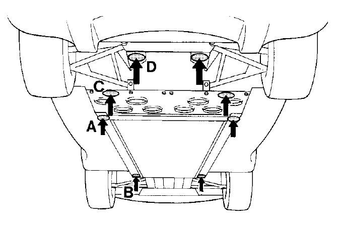 Line drawing of the underside of the car with lifting points marked by arrows and the letters A, B, C and D