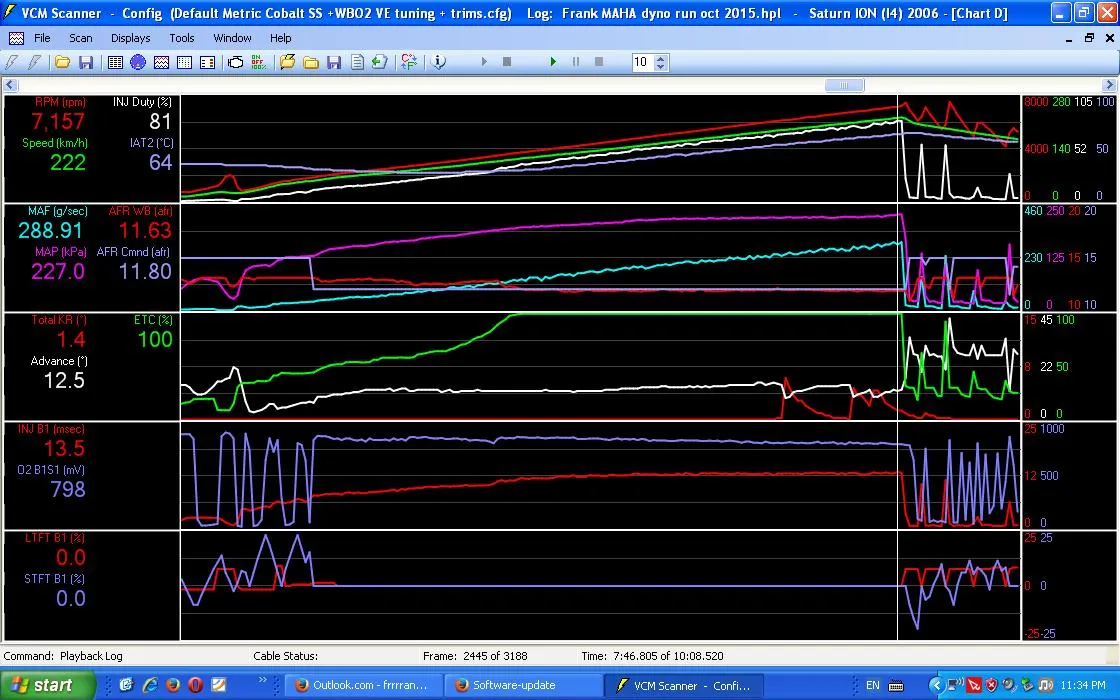A VCM Scanner dyno log with rpm, speed, injector duty, MAP, MAF, air/fuel ratio and knock traces rising to 7,157 rpm and a MAP of 227 kPa