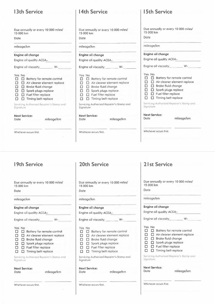 A4 page with six service record slips, the 13th to the 15th above and the 19th to the 21st below