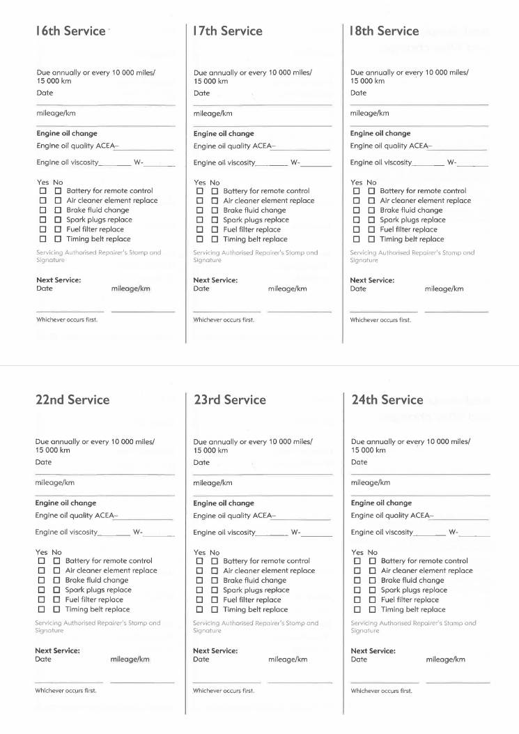 A4 page with six service record slips, the 16th to the 18th above and the 22nd to the 24th below