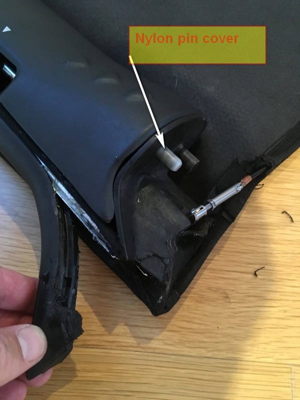 The hood support end with a labelled nylon pin cover fitted on one spigot