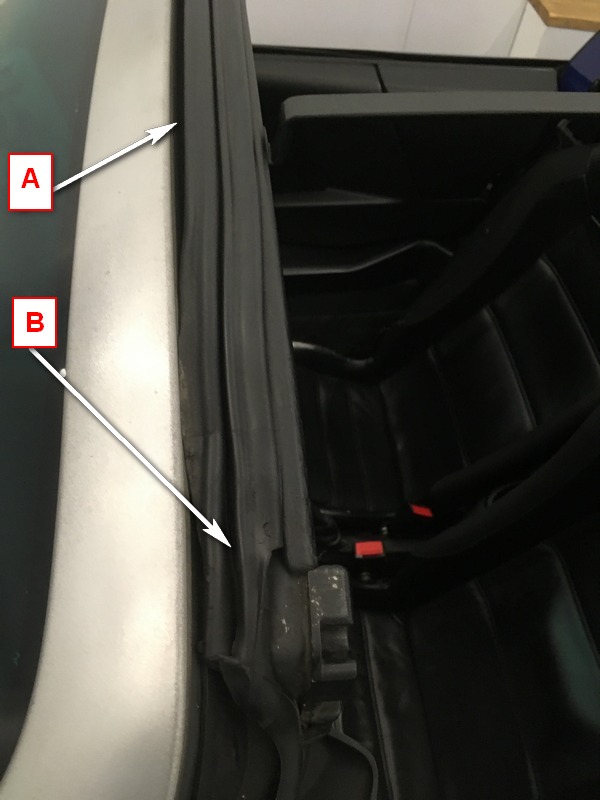 The front windscreen seal rubber on a silver car, with arrow A pointing to the front of the rubber and arrow B to the groove