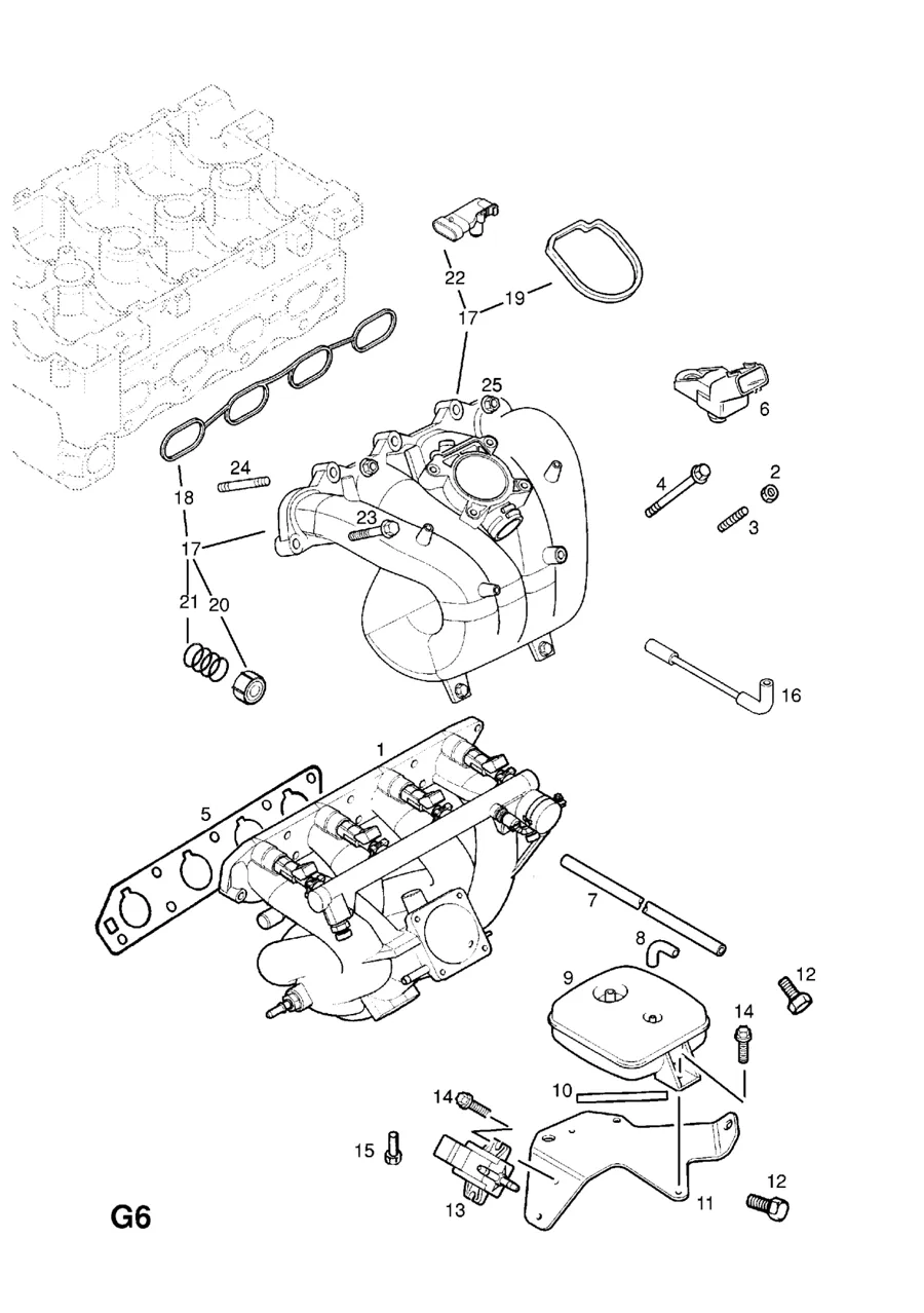 A parts diagram of the Z20LET inlet manifold, fuel rail, a vacuum box on a bracket and a small solenoid valve, with numbered parts