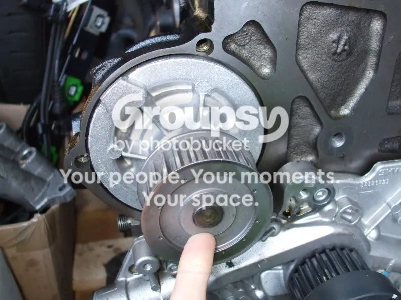 The water pump on the front of the engine